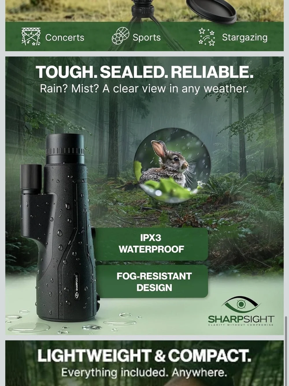 NEW SharpSight 12x50 HD Monocular Telescope BAK-4 Prism Bird Watching Hiking